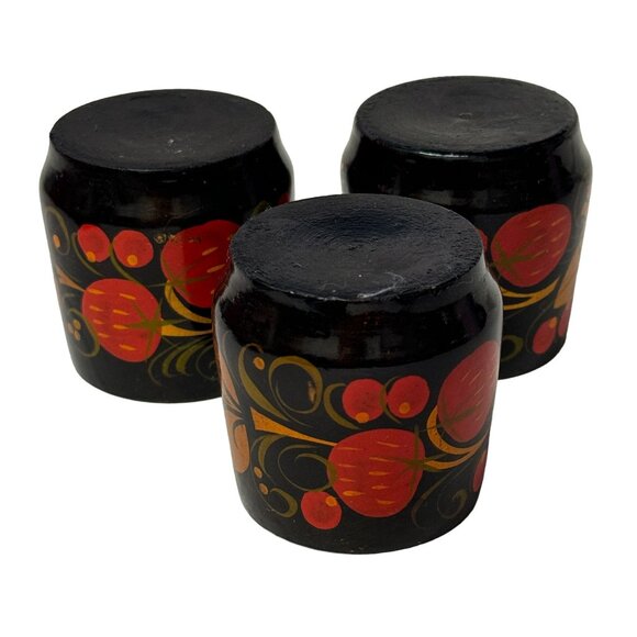 Russian Khokhloma Hand Painted Folk Art VTG 3Pc Lidded Spice Trinket Containers - Picture 4 of 13